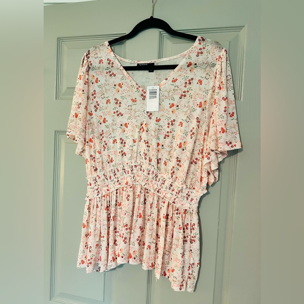 Torrid Pink Floral Mesh Smocked V-Neck Blouse